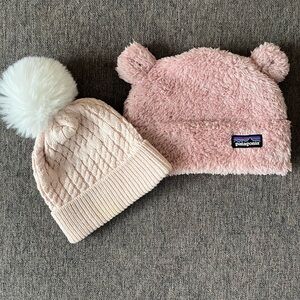 Patagonia Pink Fuzzy Beanie with Ears and Cream Pom Pom Hat Size 0-6 Month